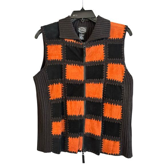 Vintage Designers Originals Women’s Patchwork Sweater Vest Zip Up Leather PL - Picture 1 of 6